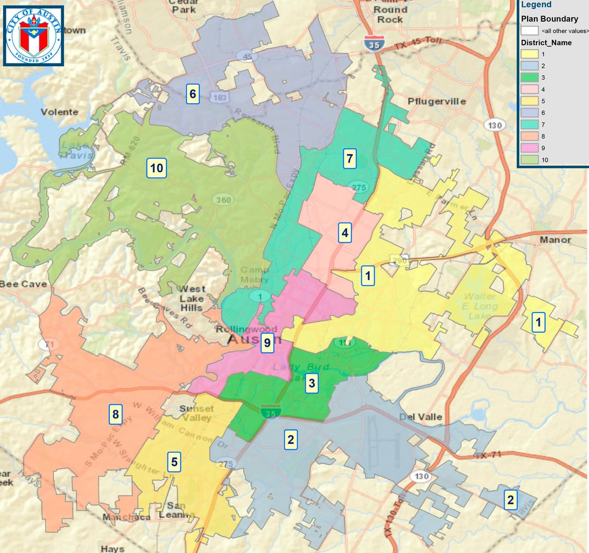 kart av Austin city council distriktet